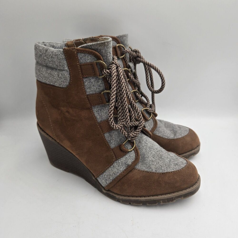 R2 Wenda Wedge Ankle Boots Womens 7M Brown Gray Cottagecore Combat Style Lace Up
